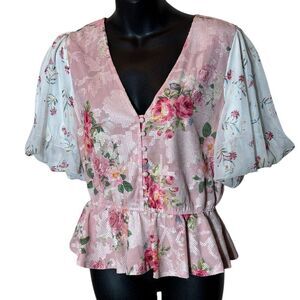 Hemant & nandita women’s small peplum top rose garden floral coquette puff sleev
